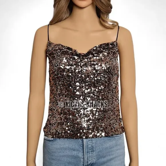 Thirty Thirty Sequin Cowl Neck Top Bronze Silver Party Glam Y2K Camisole Size S - Picture 2 of 11